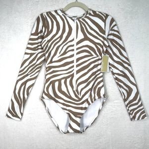 Michael Kors One Piece Swimsuit 8 Tan White Zip Long Sleeve Rash Guard Zebra